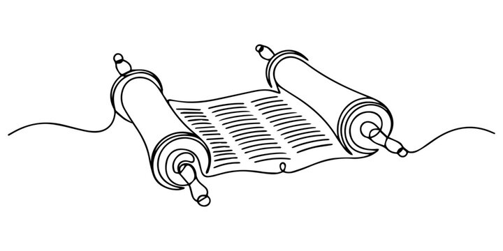 Torah scroll and heart. One continuous line drawing illustration of jewish Torah scroll, Torah scroll. One continuous line drawing.Vector illustration, Torah scroll. One continuous line drawing.Vector