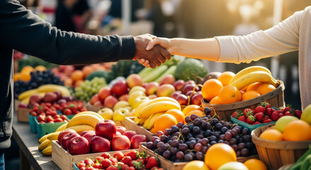 Two people shaking hands over a table filled with fresh, colorful fruits and vegetables, symbolizing a successful transaction or agreement at a market