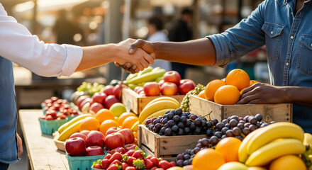 Handshake transaction over a vibrant fresh fruit and produce display at an outdoor local farmer's market, symbolizing agreement and healthy commerce