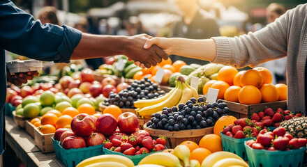 Successful business transaction at an outdoor fruit and vegetable market with hands shaking
