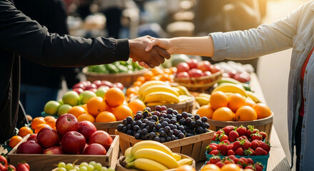 Partnership sealed with a handshake above a colorful array of fresh, organic fruits at a local farmer's market, promoting healthy eating and sustainable commerce