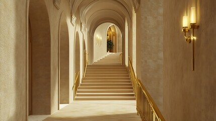 Obraz premium Endless Arched Hallway with Golden Staircase and Ambient Lighting