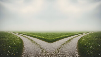 Gravel road forking into two paths in foggy green meadow | Conceptual image of crossroads representing choice and decision | Mysterious landscape with diverging dirt tracks leading to horizon |