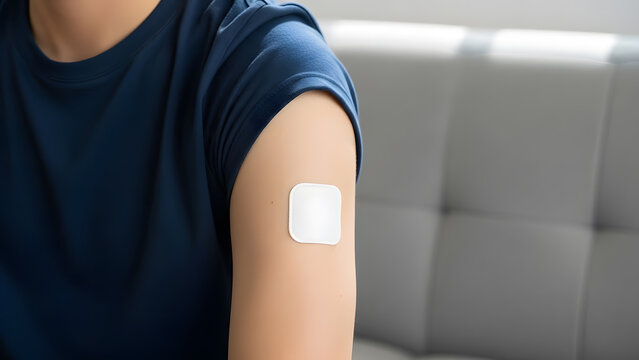 White adhesive bandage on upper arm after vaccination | Square medical plaster covering injection site | Transdermal patch technology close-up on patient skin | Modern healthcare and post-treatment 