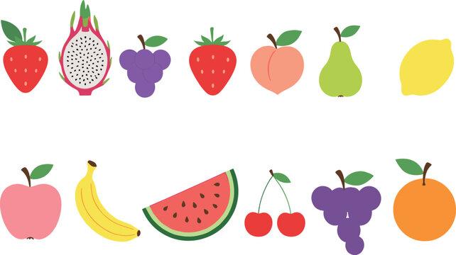 Vector illustration set of 13 vibrant fruit icons featuring strawberries dragon fruit grapes watermelon banana and citrus varieties