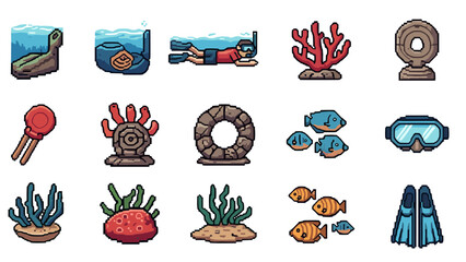 Pixel art underwater adventure icons featuring marine life and diving gear