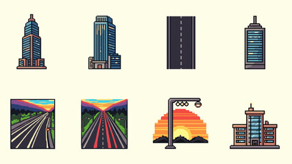 Retro pixel art cityscape with high-rise buildings and sunset skies © Ophelia