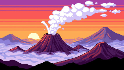 Pixel art volcano with sunset and smoke in retro style © Ophelia
