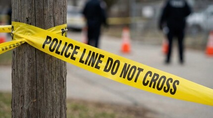 Police Line Do Not Cross Area with Barrier Tape and Secure Perimeter Blowing in Wind