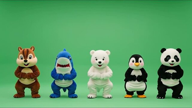 A group of cute animal figures are dancing on a green background, with a chipmunk, shark, polar bear, penguin, and panda.