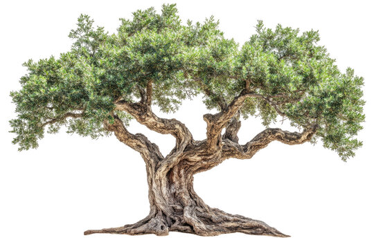 Gnarled tree with thick trunk, vibrant green foliage