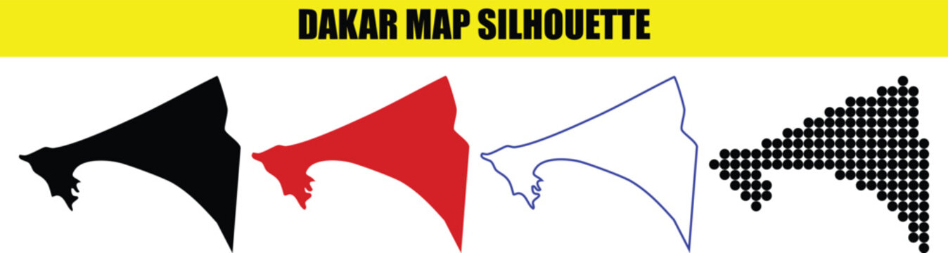 Dakar map silhouette set with black red outline and dotted styles for senegal capital city geography design projects