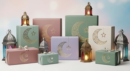 A festive collection of pastel-colored gift boxes, each intricately decorated with a golden crescent moon and star design, is artfully arranged with various ornate lanterns, creating a joyful display.