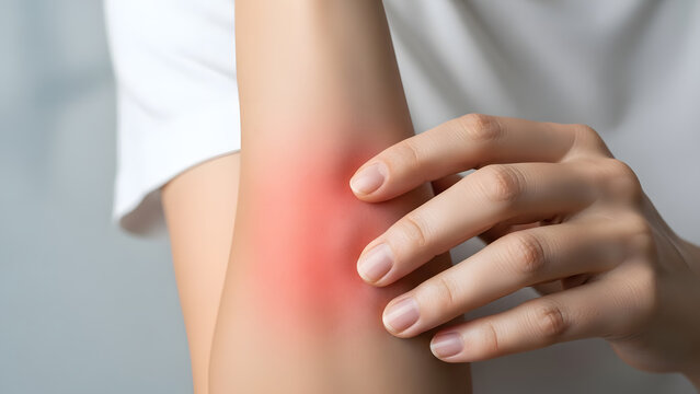 Person scratching inflamed red skin rash on arm | Close-up of allergic reaction or insect bite swelling on forearm | Seeking remedy for itchy dermatitis or eczema symptoms | Skin irritation causing