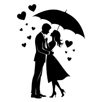 a romantic black silhouette of a couple embracing under an umbrella, a timeless symbol of love and protection r , white background