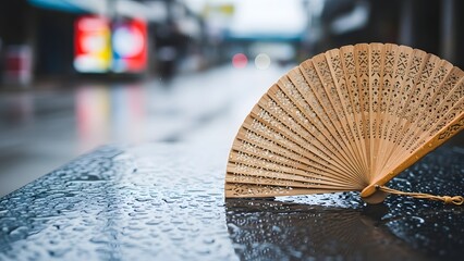 A wooden fan lies on a wet street on a rainy day