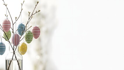 A vase with colorful Easter eggs hanging from tree branches on a white background