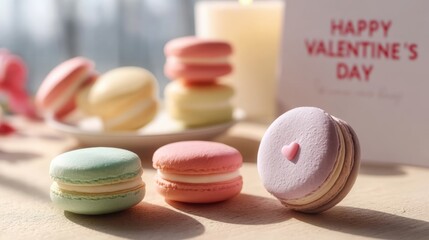 Obraz premium Colorful macarons on a wooden table with a candle and a Valentine's Day card, perfect for romantic celebrations and dessert lovers