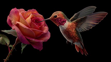 Obraz premium Hummingbird approaches a large rose blossom, both lit softly on black
