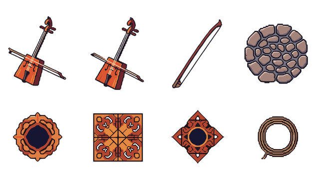 Collection of traditional Mongolian cultural icons and symbols in pixel art style