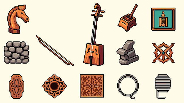Pixel art icons of Mongolian cultural elements and traditional objects