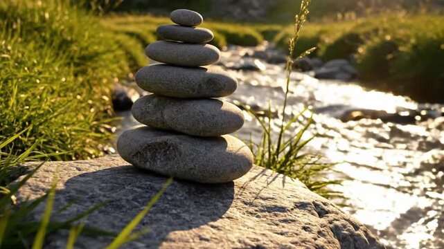 A beautifully composed scene showcasing a stack of smooth, balanced stones set against a serene natural backdrop. Golden hour sunlight gently illuminates the scene, catching the lush green grass and c