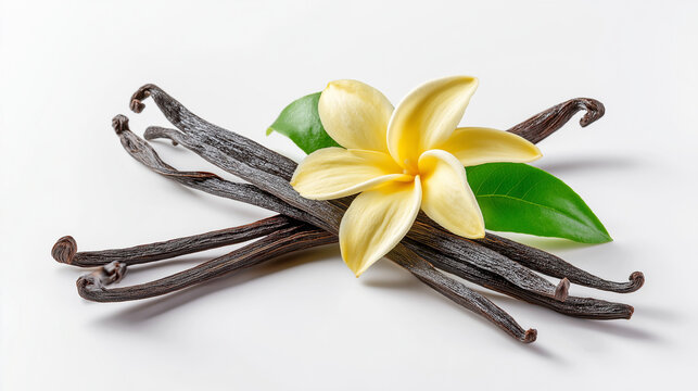 fresh vanilla pods and flower on white background for baking