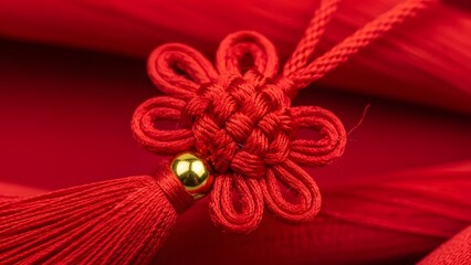 A close-up of a red tassel with a golden bead and intricate knot