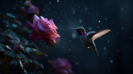 Obraz premium Hummingbird approaching a pink rose in a rain shower, dark background