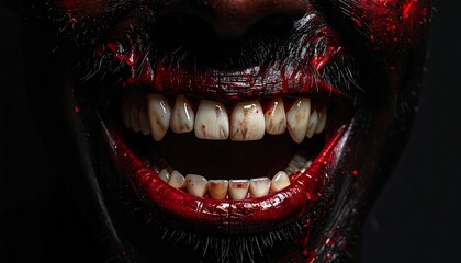 Naklejka premium Close-up of a terrifying, blood-soaked smile with bared teeth against a dark background, evoking a chilling sense of horror and macabre dread, perfect for spooky themes and Halloween