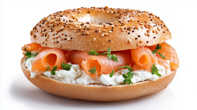fresh bagel with cream cheese and smoked salmon isolated on white background