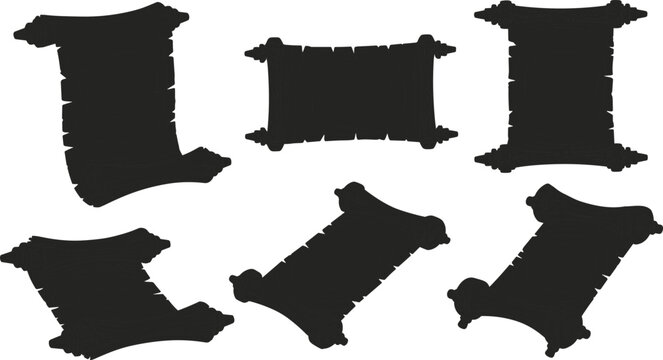 Vintage black paper scroll vector set, dark parchment banner silhouettes with rough edges, antique manuscript design elements collection isolated on white background.