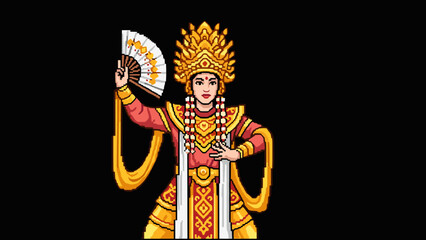 Obraz premium Pixel art of traditional balinese dancer in ornate costume with fan