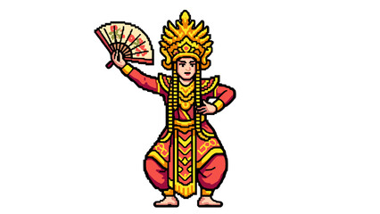 Pixel art of a dancer in traditional costume holding a fan, performing a graceful pose