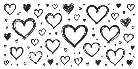 Crayon hand drawn brush red heart doodle Valentine's Day, heart shape vector collection