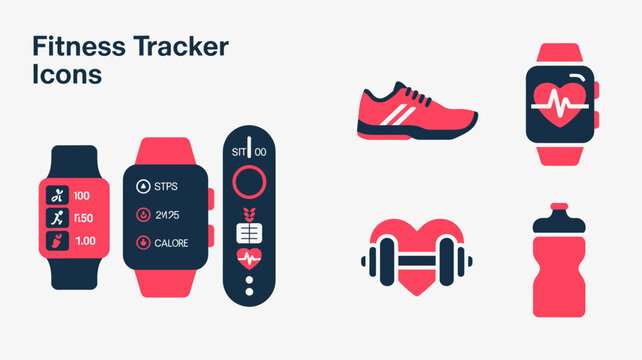a collection of fitness tracker icons showcases a smart watch running shoe heart rate monitor dumbbell and hydration bottle in vibrant red tones high quality professional
