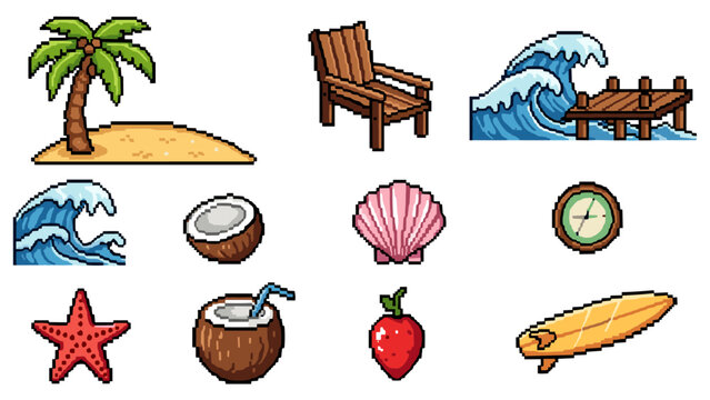 Pixel art summer vacation icons: beach, waves, palm tree, and tropical fruits