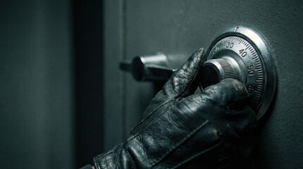 Close-Up of Black Glove Turning Dial of Safe with Tense Focus on Numbers