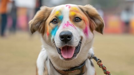 Obraz premium Happy dog with colorful face paint enjoying outdoor festival setting, showcasing playful spirit and joy of pets in vibrant atmosphere