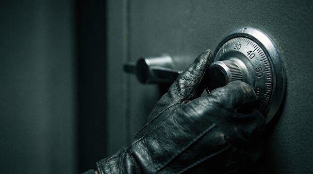 Close-Up of Black Glove Turning Dial of Safe with Tense Focus on Numbers