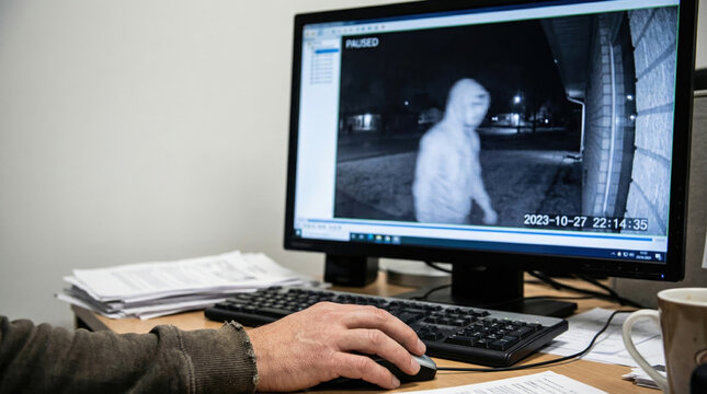 Detailed Analysis of Security Footage on Computer Monitor with Blurry Figure Display