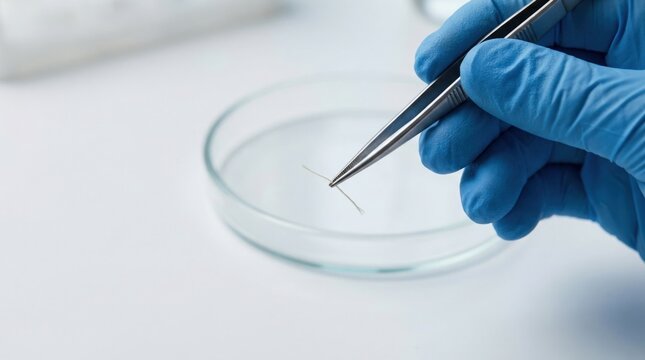 Scientific Investigation with Blue Latex Glove Holding Tweezers and Fabric Fiber