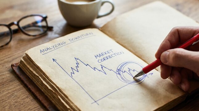 Hand Drawing Financial Market Correction Graph in Notebook with Red Pen and Coffee