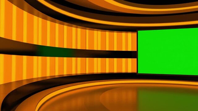 Futuristic digital news studio background featuring curved orange lighting panels and a central bright green screen for customizable video insertion or virtual set graphics