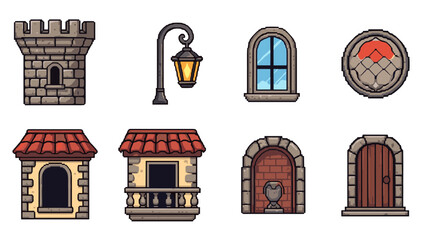 Naklejka premium Collection of pixel art architectural elements for game design and fantasy settings