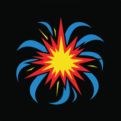 Obraz premium Explosion comic book style graphic with red, yellow and blue on black background