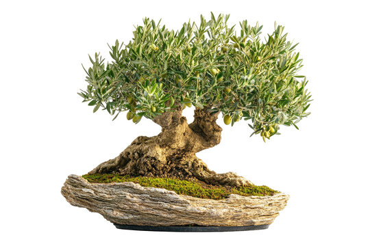 Olive bonsai with textured trunk, moss, in grey stone pot