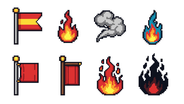 Retro pixel art: flags and flames with vintage gaming vibes
