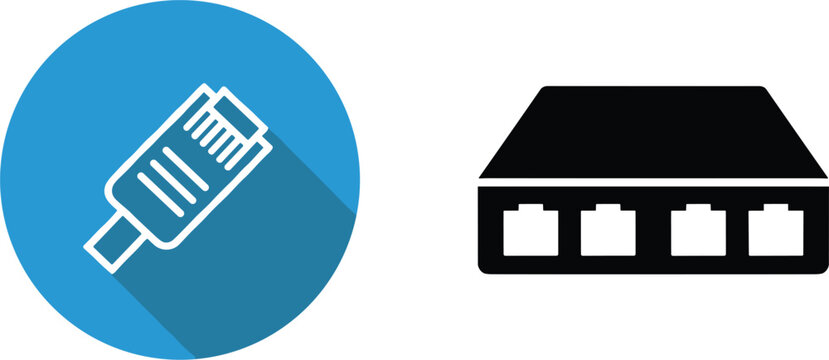 Network switch and ethernet cable icon set technology data communication hardware vector illustration flat and solid design