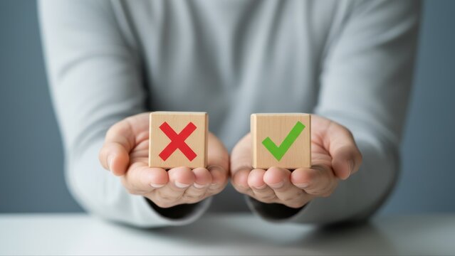 Person holding wooden blocks with a red cross and green checkmark representing decision making and acceptance or denial